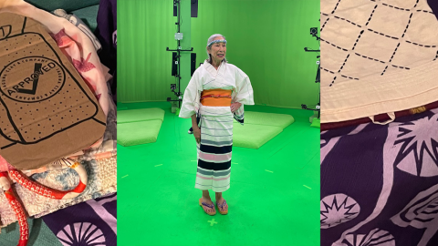 a woman dressed in Japanese kimono and headband stands in a green room filled with lights and cameras. Behind her photo is a sub layer of close up images of kimono fabric