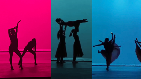 Silhouette of ten dancers with pink, green, and blue backdrop