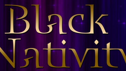 Gold text reading Black Nativity with blue and purple background