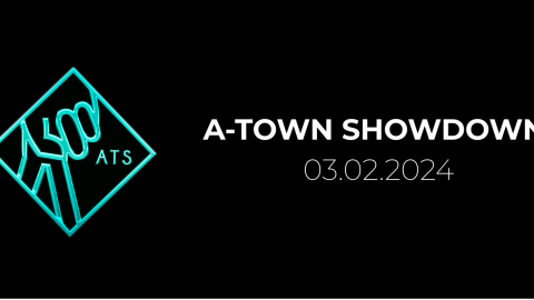 blue logo on black background with white text reading a-town showdown and date of march 2, 2024