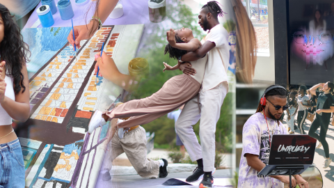 Collage of photos- student holding microphone, students painting, one person lifting another in dance, dj looking at computer, interactive art displayed on digital screen, group of dancers in motion