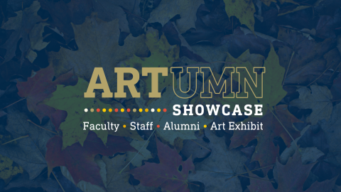 text reading artumn showcase on navy fall leaves background