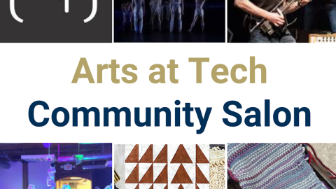 collage of arts related photos with text reading arts at tech community salon