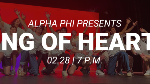 Group on stage wearing light color shirts with red stage lighting, text overlay reading Alpha Phi presents King of Hearts