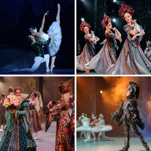 A grid with four images of scenes from classical ballets