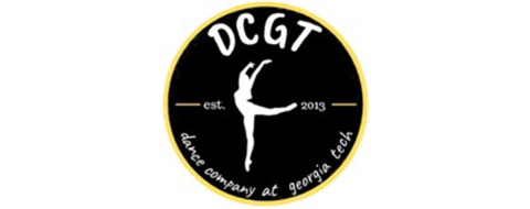 A black circle with a white figure of a dancer in the center, the letters DCGT above and dance company georgia tech below