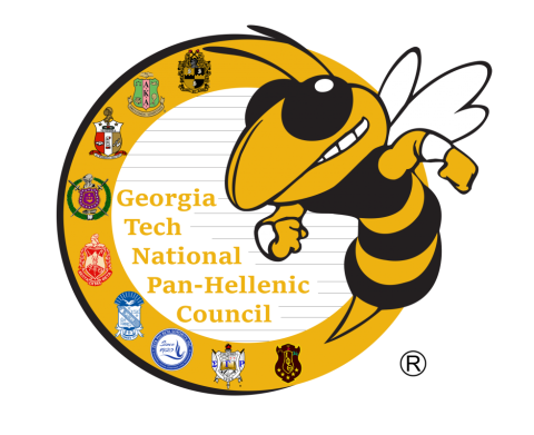 the Georgia Tech mascot Buzz the Yellow Jacket is surrounded by symbols of the nine historically African-American fraternities and sororities 