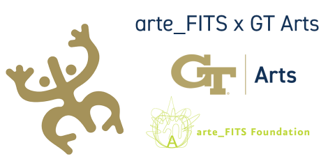 A hieroglyphic-like line drawing of the coqui, the small gold frog, next to the words arte_FITS x GT Arts and the interlocking GT logo