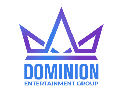 An outline of a purple crown over the words dominion entertainment group