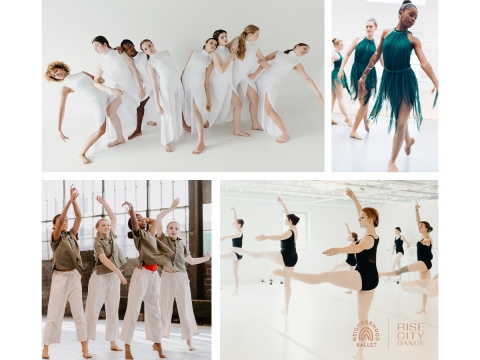 A collage of four photos of young women dancing.