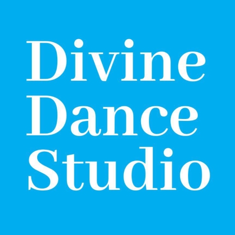 Divine Dance Studio in white on a cheerful blue background