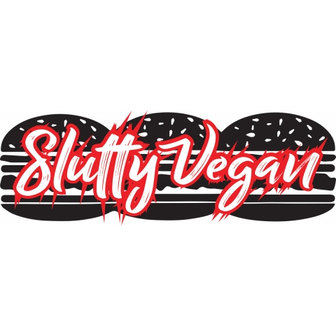 The words Slutty Vegan are written in a scrawling red script with fire-like edges, layed over a black and white drawing of hamburger buns