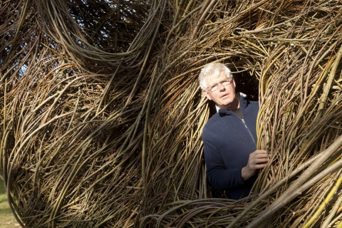 Patrick Dougherty peeking out of one of his sculptures built with sticks and saplings. (Photo by Eric Sander)