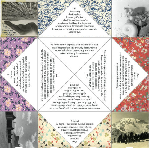 A collage of squares each with a different photo of a Japanese person, a traditional Japanese paper, or text about Japanese American incarceration camps