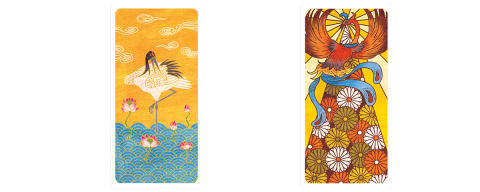 A woodcut print of a white crane against a bright yellow background with stylized blue and white waves. A woodcut print of a brightly colored stylized peacock against a sunrise over a bed of chrysanthemums.
