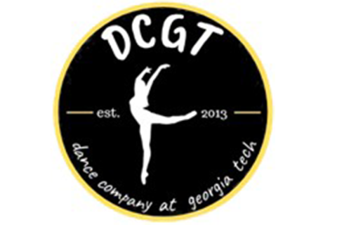 A black circle with a white figure of a dancer in the center, the letters DCGT above and dance company georgia tech below