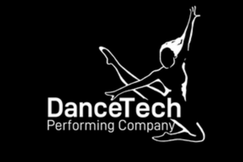 On a black background is a silhouette in white of a female dancer mid air, one leg tucked under the other pointed ot the side, her hair flowing behind her, and the words Dance Tech Performing Company