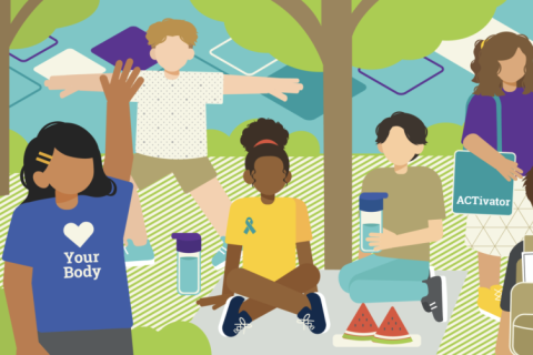 A colorful GT Branded illustration of students engaging in the 8 Dimensions of Wellness.