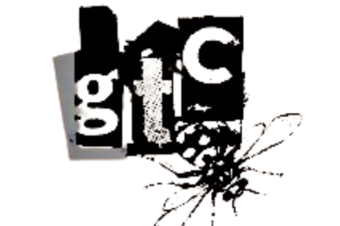 A screen printed black, white, and grey logo. The white lowercase letters 'g', 't', and 'c' sit inside black and grey shapes that somewhat resemble buildings. The 'c' sits higher up on the black shape, underneath is on the shape and going off the shape is a screenprinted image of a honeybee. 