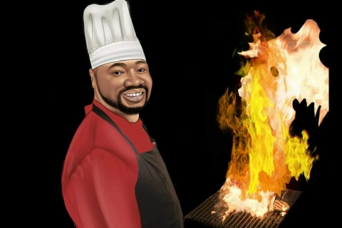 A realistic painting of a Black man wearing a chef's toque, brown apron, and red shirt, standing in front of an grill with flames shooting high