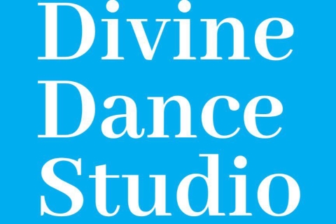 Divine Dance Studio in white on a cheerful blue background