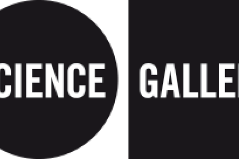the word SCIENCE in white on a black circle and the word GALLERY in white on a black square