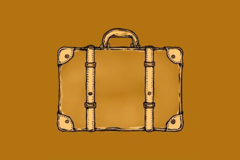 A pen-and-ink drawing of a brown leather suitcase with buckled straps and caps on the four corners 
