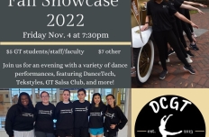 A collage of text and photos of dancers on Georgia Tech's campus