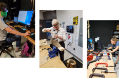 Three photos, each of a person in a workshop busy with with tools and computers