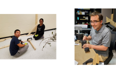 Two photos, each of a person in a workshop busy with with tools and computers