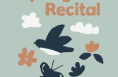 Light blue back ground with orange navy and white icons of bird butterfly flowers and clouds. Text reading Spring Recital 2024