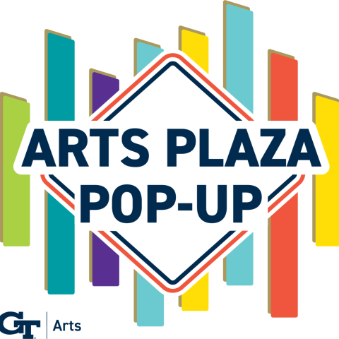 ARTS PLAZA POP-UP superimposed on a diamond shaped outline in orange and blue, behind which are pillars in primary colors