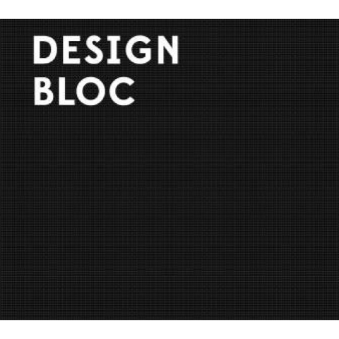 the words DESIGN BLOC in white capital letters on an all black background