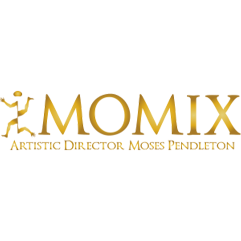 MOMIX Artistic Director Moses Pendleton in gold letters, preceded by an abstract human image 