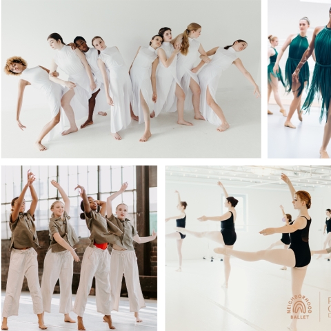 A collage of four photos of young women dancing.