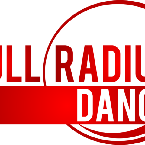 A bright red logo reading "Full Radius Dance" in all caps. "Full Radius" sits atop a red bar where the word "dance" is right-shifted in white. A right-shifted red circle sits behind the text.