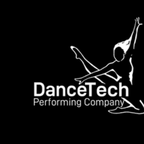 On a black background is a silhouette in white of a female dancer mid air, one leg tucked under the other pointed ot the side, her hair flowing behind her, and the words Dance Tech Performing Company