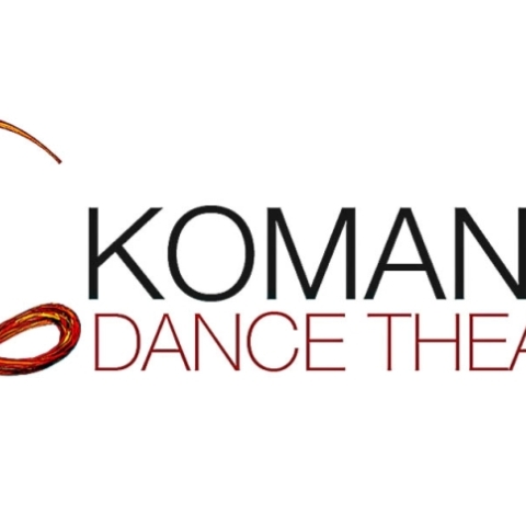 Komansé Dance Theater's Logo, made up of a flowy red, orange, and yellow brush stroke letter "K"  on the left hand side, and of the dance company's name in all uppercase letters to the right, "Komansé" being in black on top of the red "Dance Theater" letters.