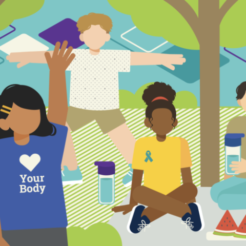 A colorful GT Branded illustration of students engaging in the 8 Dimensions of Wellness.