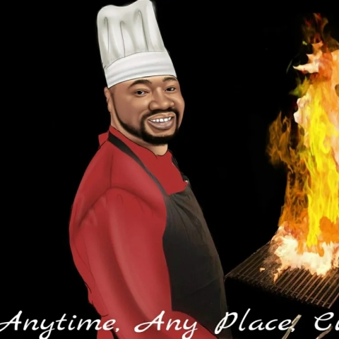 A realistic painting of a Black man wearing a chef's toque, brown apron, and red shirt, standing in front of an grill with flames shooting high