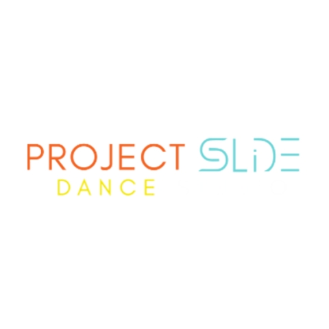 the words PROJECT SLIDE DANCE in neon colors on a white background