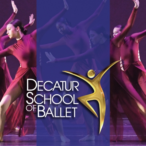 dancers in background with decatur school of ballet logo in foreground